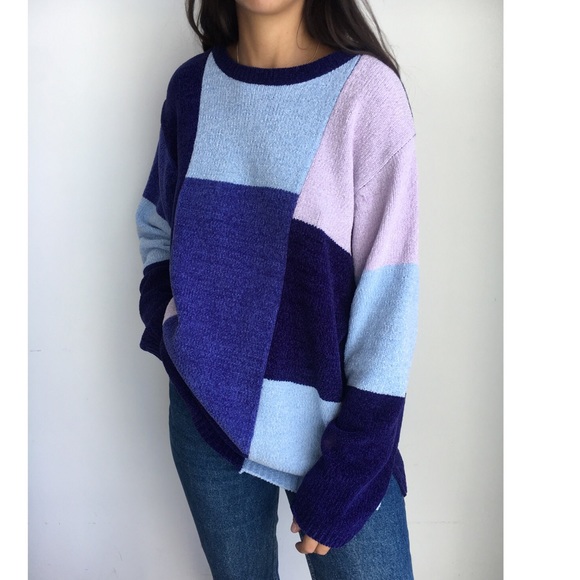 Vintage Sweaters - Vintage fuzzy oversized color block sweater L